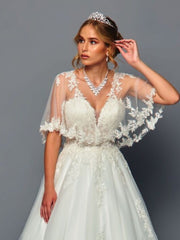 Stunning A-Line Illusion Tulle Bat Wing Sleeves Beaded Sequin Applique Wedding Dress