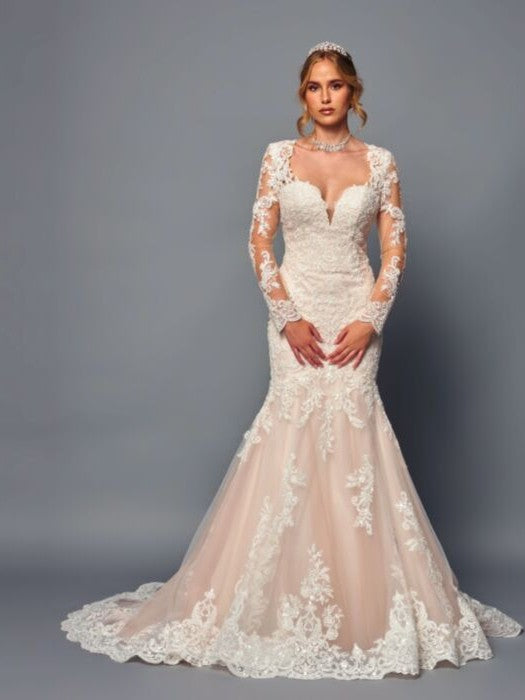 Elegant Square Neck Nude Illusion Long Sleeves Trumpet Silhouette Wedding Dress