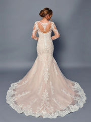 Elegant Square Neck Nude Illusion Long Sleeves Trumpet Silhouette Wedding Dress