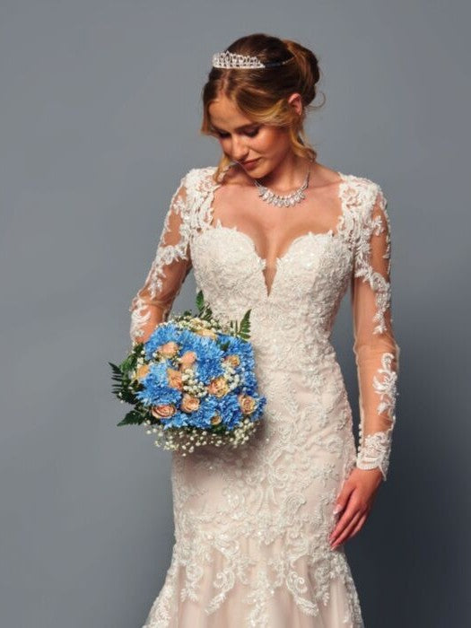 Elegant Square Neck Nude Illusion Long Sleeves Trumpet Silhouette Wedding Dress