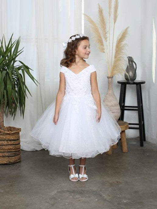 Cute Off The Shoulder 3D Flowers Glitter Tulle Knee Length Girls Dress White / 8 Cute Off The Shoulder 3D Flowers Glitter Tulle Knee Length Girls Dress White / 8