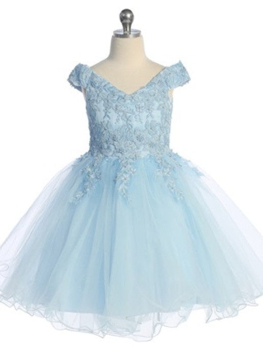Cute Off The Shoulder 3D Flowers Glitter Tulle Knee Length Girls Dress