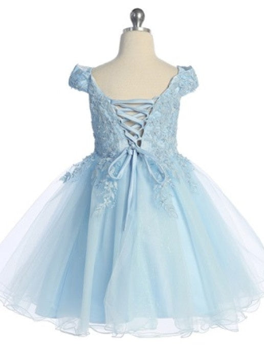 Cute Off The Shoulder 3D Flowers Glitter Tulle Knee Length Girls Dress