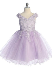 Cute Off The Shoulder 3D Flowers Glitter Tulle Knee Length Girls Dress
