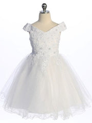 Cute Off The Shoulder 3D Flowers Glitter Tulle Knee Length Girls Dress