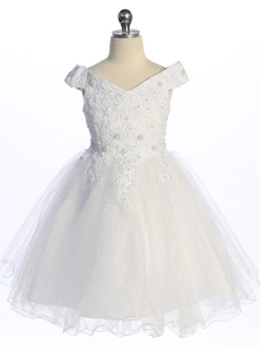 Cute Off The Shoulder 3D Flowers Glitter Tulle Knee Length Girls Dress