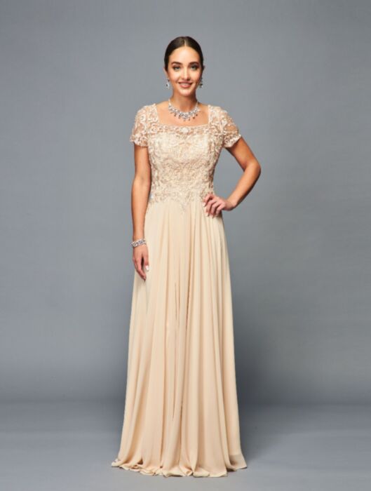 Elegant Short Modest Sleeves Embroidery Floor Length Mother of the Bride Dress f the Bride Dress Champagne / L Elegant Short Modest Sleeves Embroidery Floor Length Mother of the Bride Dress f the Bride Dress Champagne / L