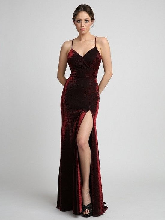 Velour Offset Long Spaghetti Strap Prom Dress Burgundy / 2XL Velour Offset Long Spaghetti Strap Prom Dress Burgundy / 2XL