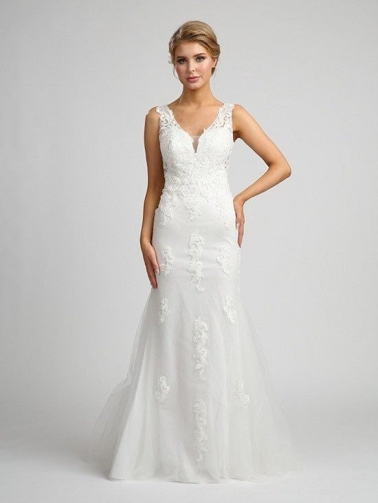 Modest Mermaid Lace Semi Plunging Wedding Dress Gold / Xs