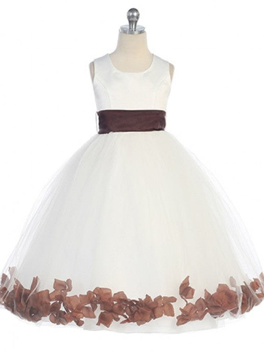 Bridal Satin Rose Petal Tulle Ankle Length Flower Girl Dress