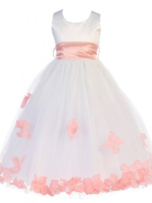 Bridal Satin Rose Petal Tulle Ankle Length Flower Girl Dress