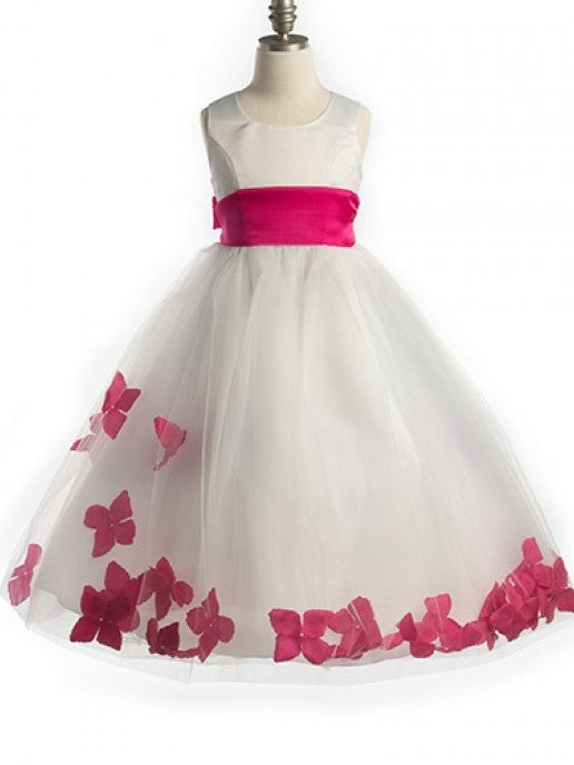 Bridal Satin Rose Petal Tulle Ankle Length Flower Girl Dress