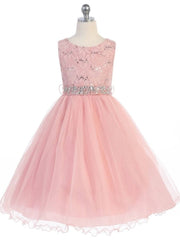 Sequin Lace Tulle Tea-Length Girl's Party Dress