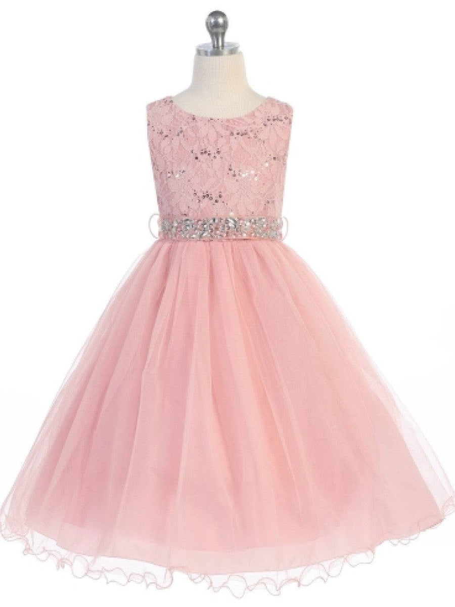 Sequin Lace Tulle Tea-Length Girl's Party Dress