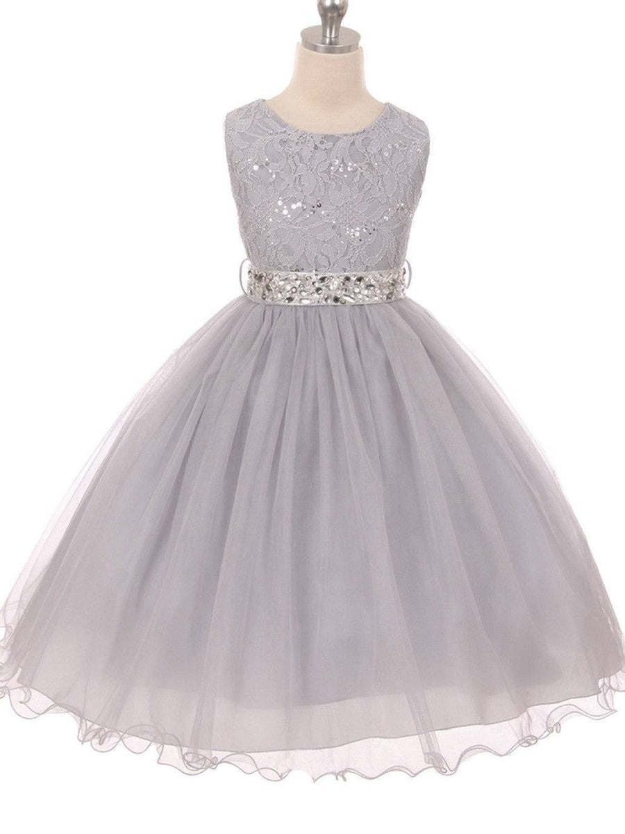 Sequin Lace Tulle Tea-Length Girl's Party Dress