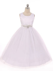 Flower Rhinestone Belt Tulle Tea Length Girl's Elegant Dress