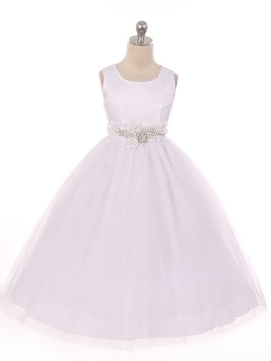 Flower Rhinestone Belt Tulle Tea Length Girl's Elegant Dress