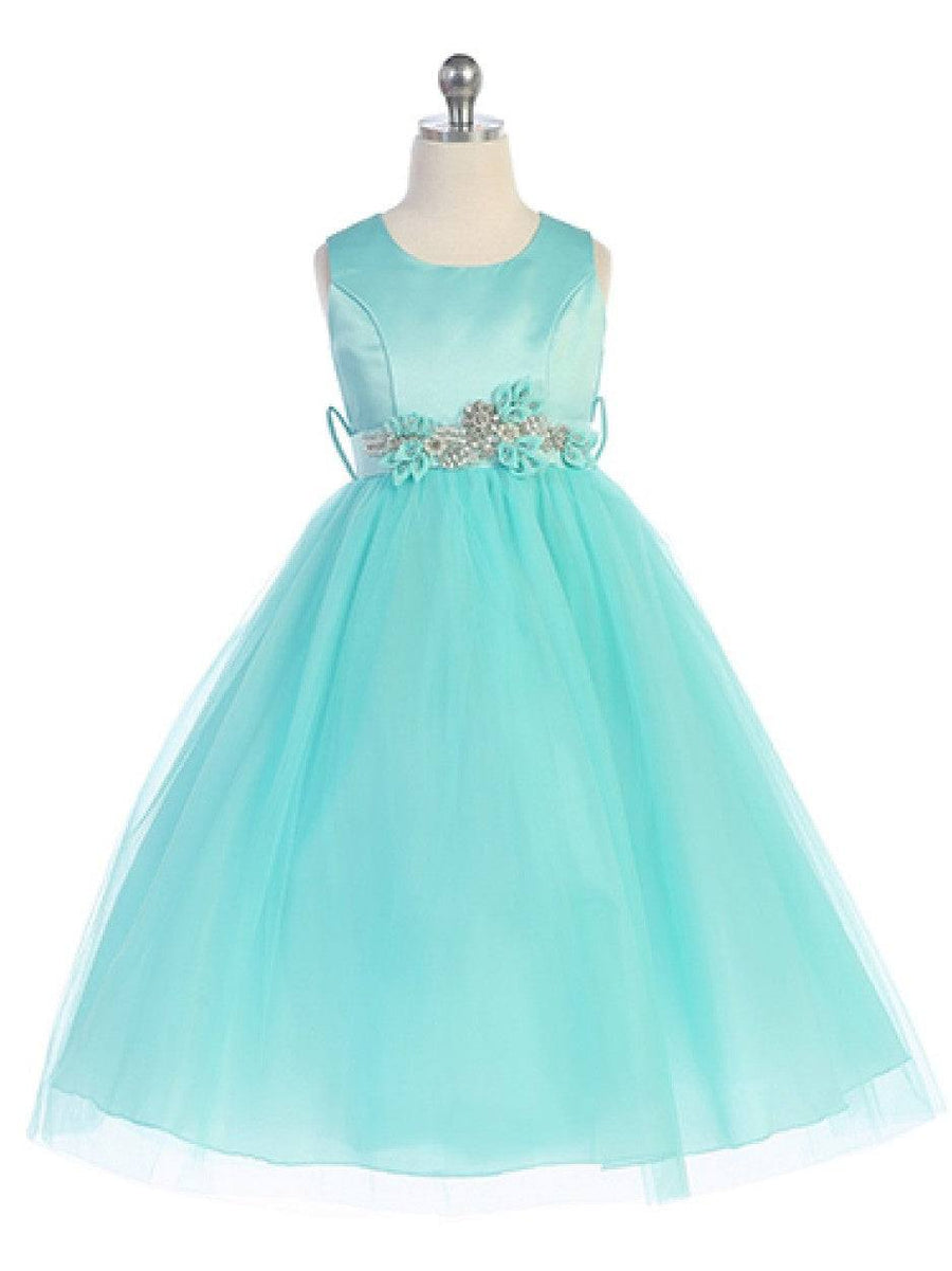 Flower Rhinestone Belt Tulle Tea Length Girl's Elegant Dress