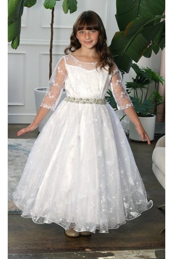 Belted Satin Lace Embroidered Mesh Long Sleeve Girls Dress