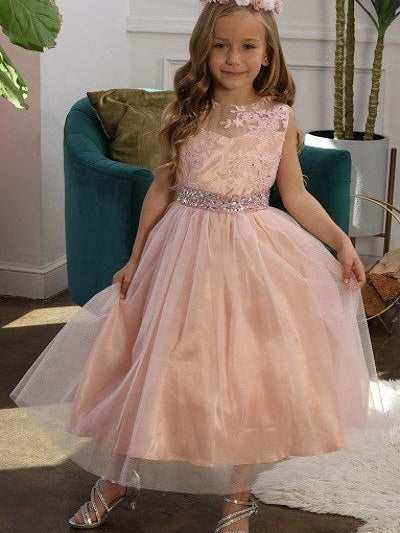Lace Embroidered Belted Satin Mesh Skirt Girls Dress