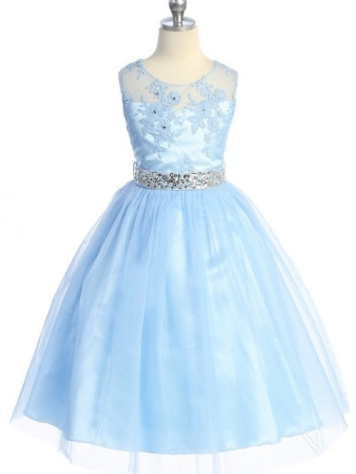Lace Embroidered Belted Satin Mesh Skirt Girls Dress