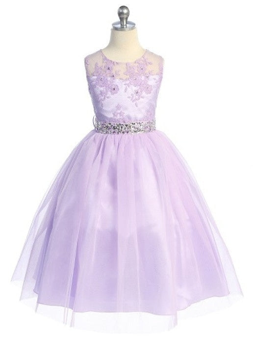 Lace Embroidered Belted Satin Mesh Skirt Girls Dress