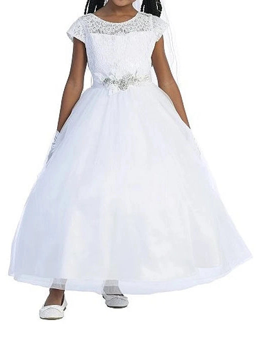 Lace Embroidered Belted Tulle Satin Girls Dress