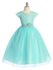 Lace Embroidered Belted Tulle Satin Girls Dress