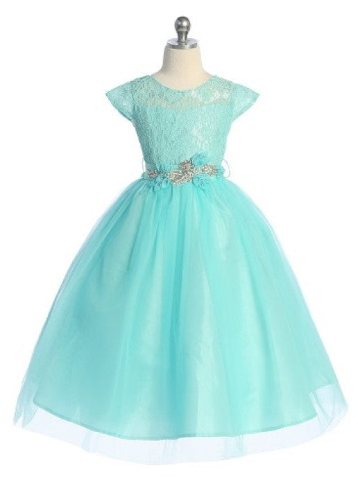 Lace Embroidered Belted Tulle Satin Girls Dress