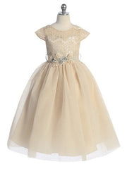 Lace Embroidered Belted Tulle Satin Girls Dress