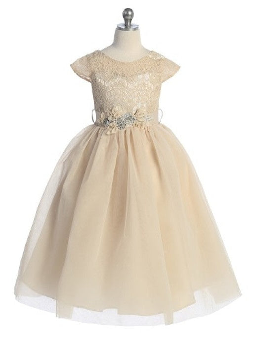 Lace Embroidered Belted Tulle Satin Girls Dress