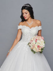 Chic Off The Shoulder Lace Tulle Ball Gown Beaded Appliques Wedding Dress