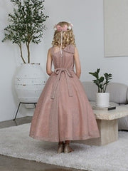 Sparkling Rhinestone Belt Over Shoulder Cap Girls Dress