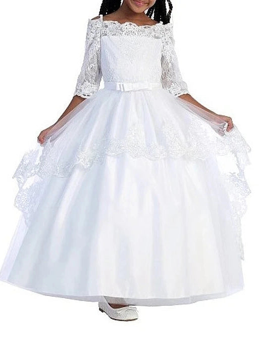 3/4 Sleeve Satin Frill Skirt Lace Girls Dress