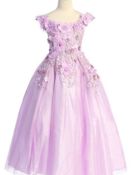 3D Floral Embellished Corset Back Ankle Length Little Girl's Dress