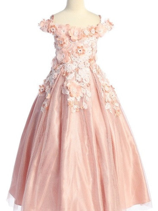 3D Floral Embellished Corset Back Ankle Length Little Girl's Dress