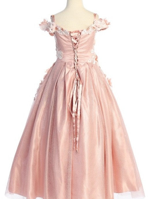 3D Floral Embellished Corset Back Ankle Length Little Girl's Dress