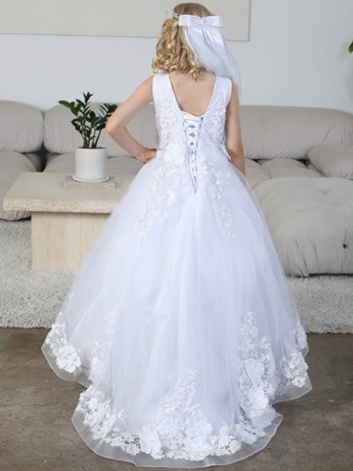 3D Flower Corset Back Charming Long Train Girls Dress