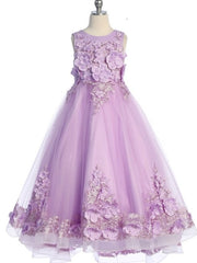 3D Flower Corset Back Charming Long Train Girls Dress