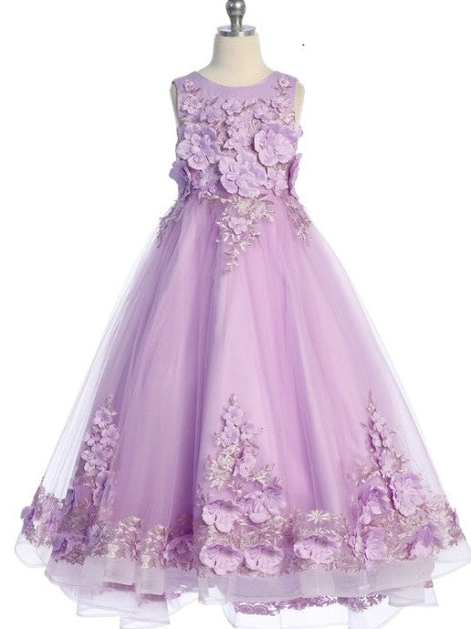 3D Flower Corset Back Charming Long Train Girls Dress