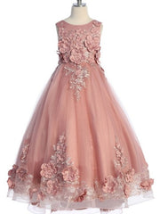 3D Flower Corset Back Charming Long Train Girls Dress