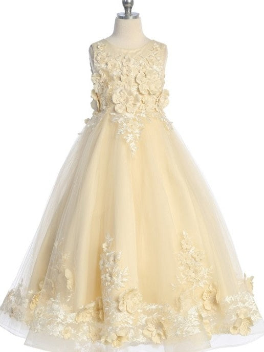 3D Flower Corset Back Charming Long Train Girls Dress