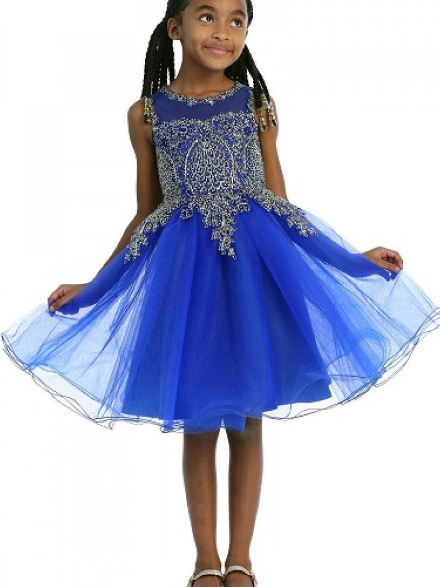 Tulle Halter Floral Adorned Knee Length Girls Dress