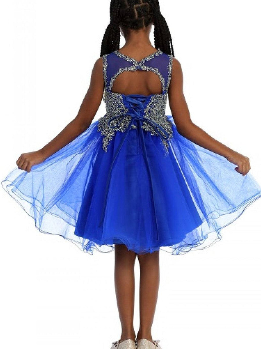 Tulle Halter Floral Adorned Knee Length Girls Dress