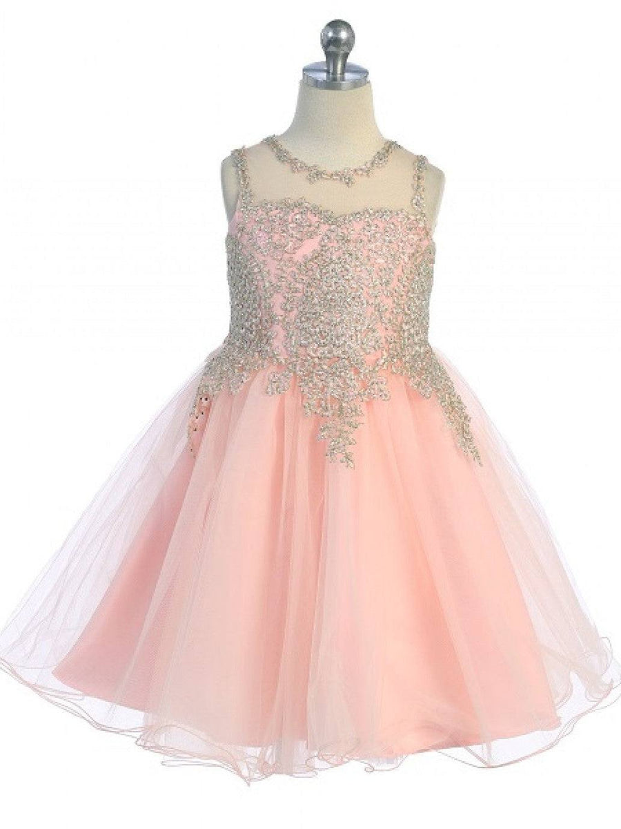 Tulle Halter Floral Adorned Knee Length Girls Dress