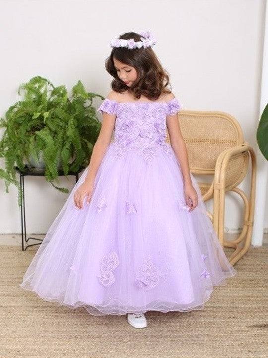 3D Butterfly Glitter Semi Train Girls Dress Light Blue / 14
