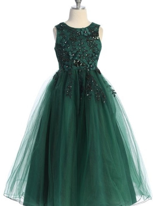 Tulle Embroidered Charming Beaded Floral Accented Little Girl's Dress