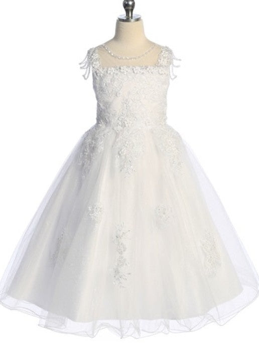 Elegant Tea Length Lace Tulle Pearl Detailing Back Zipper Girls Dress
