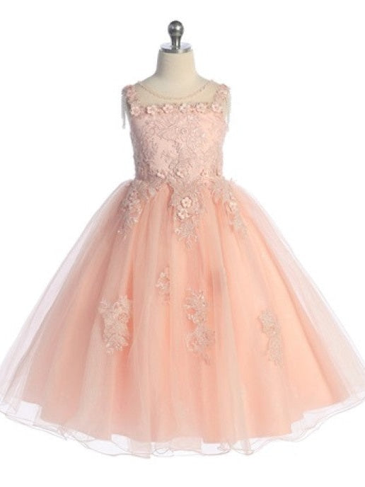 Elegant Tea Length Lace Tulle Pearl Detailing Back Zipper Girls Dress