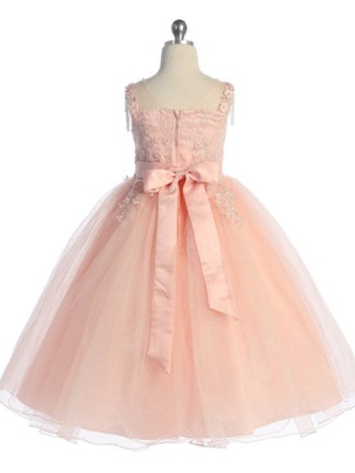 Elegant Tea Length Lace Tulle Pearl Detailing Back Zipper Girls Dress
